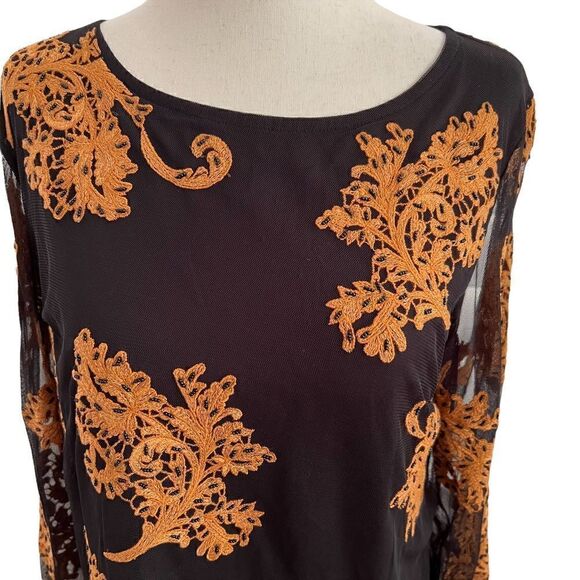 Sundance Boho Black + Gold Sheer Embroidered and Beaded Long Sleeve Top Small - Picture 2 of 7